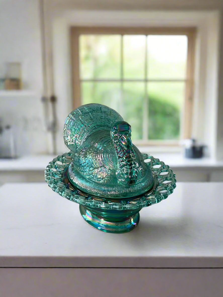 Large Teal Carnival Glass Turkey on Basket Covered Dish