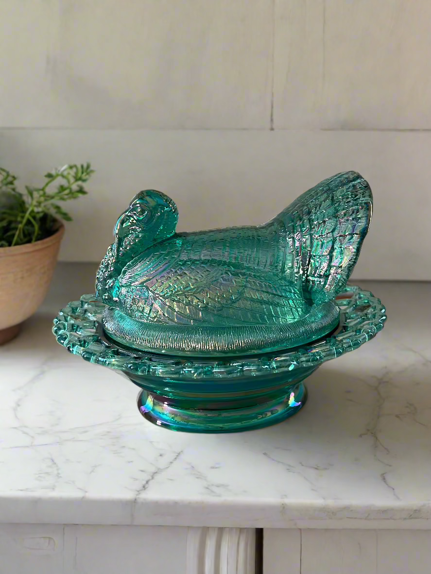 Large Teal Carnival Glass Turkey on Basket Covered Dish