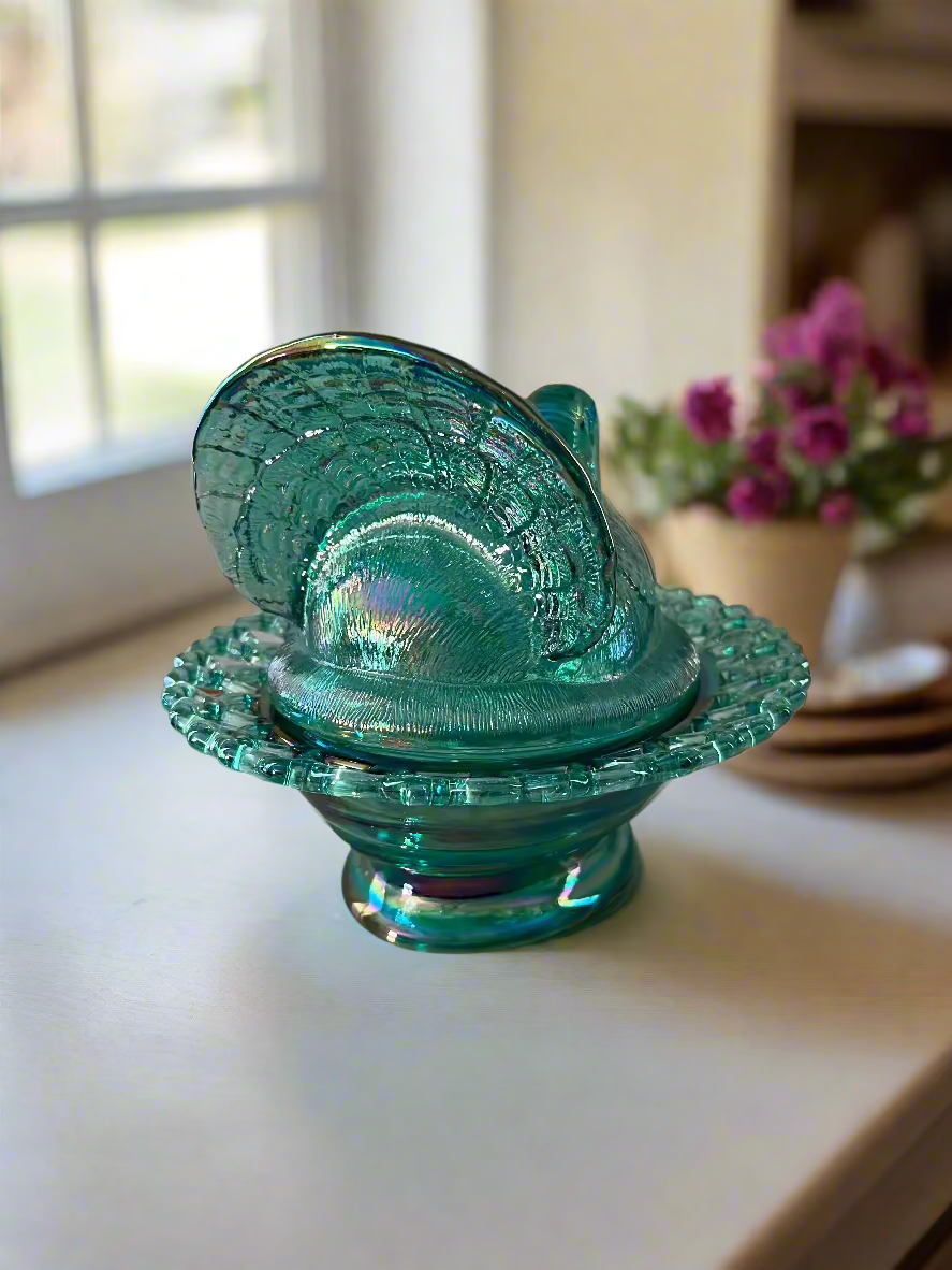 Large Teal Carnival Glass Turkey on Basket Covered Dish