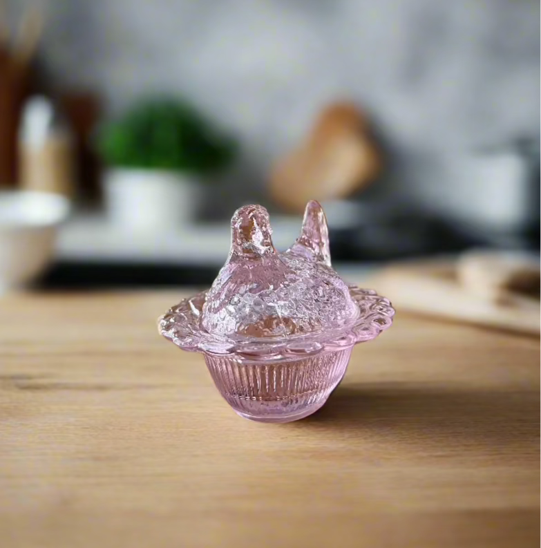 Pink Glass Mini Hen on Basket 2.75" Salt Cellar
