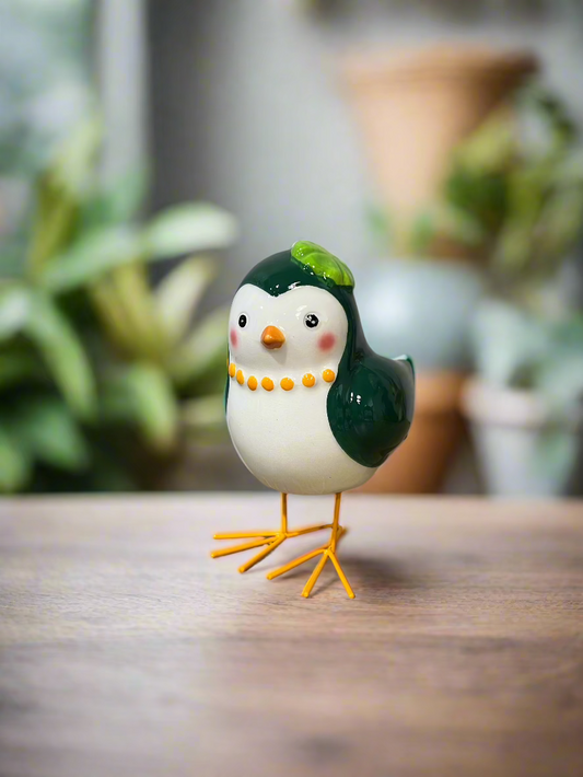 Green and White Bird Figurine Clover Hat Ceramic