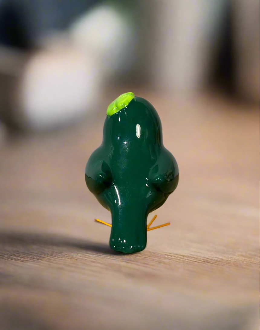 Green and White Bird Figurine Clover Hat Ceramic