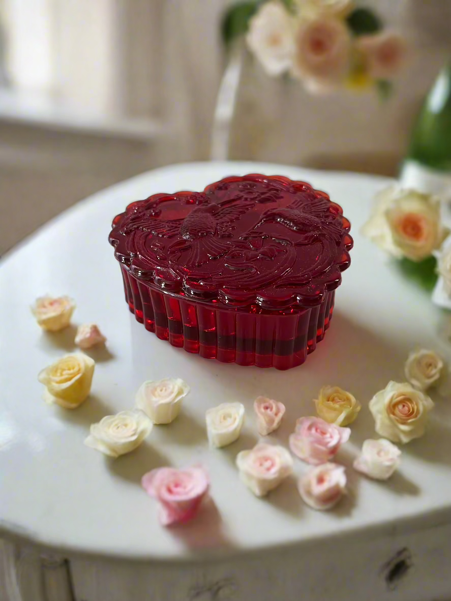 Large Ruby Red Glass Heart Box with Hummingbird and Flowers