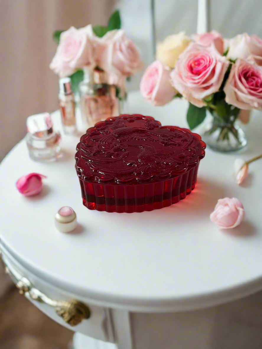 Large Ruby Red Glass Heart Box with Hummingbird and Flowers