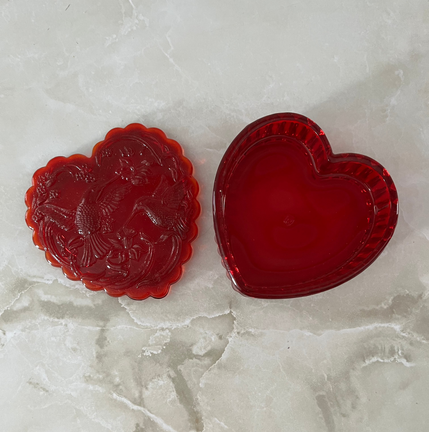 Large Ruby Red Glass Heart Box with Hummingbird and Flowers
