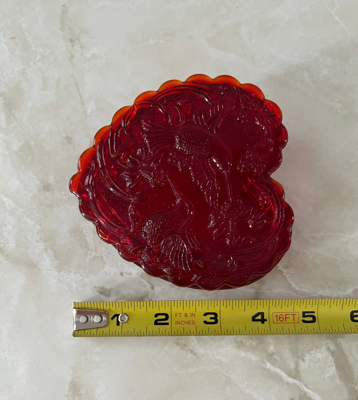 Large Ruby Red Glass Heart Box with Hummingbird and Flowers