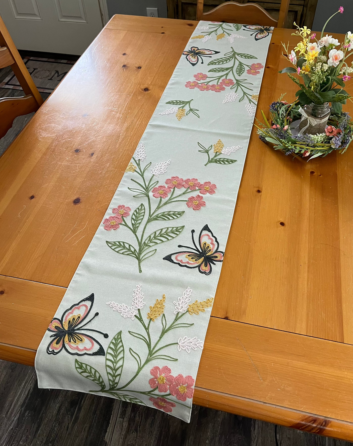 Embroidered Flowers and Butterflies Table Runner 13"x70"
