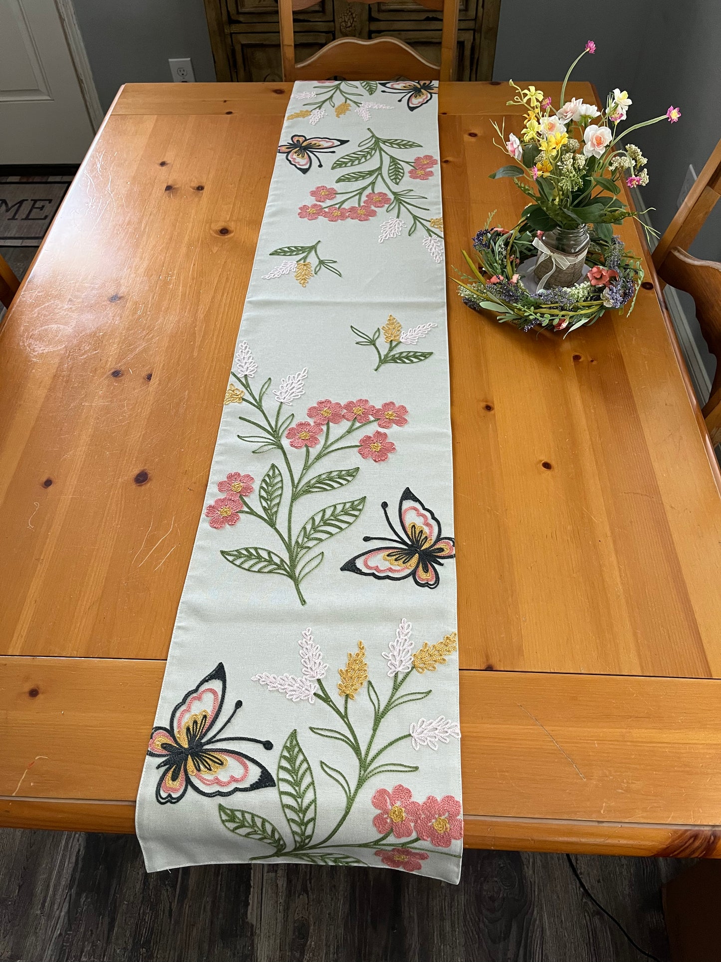 Embroidered Flowers and Butterflies Table Runner 13"x70"