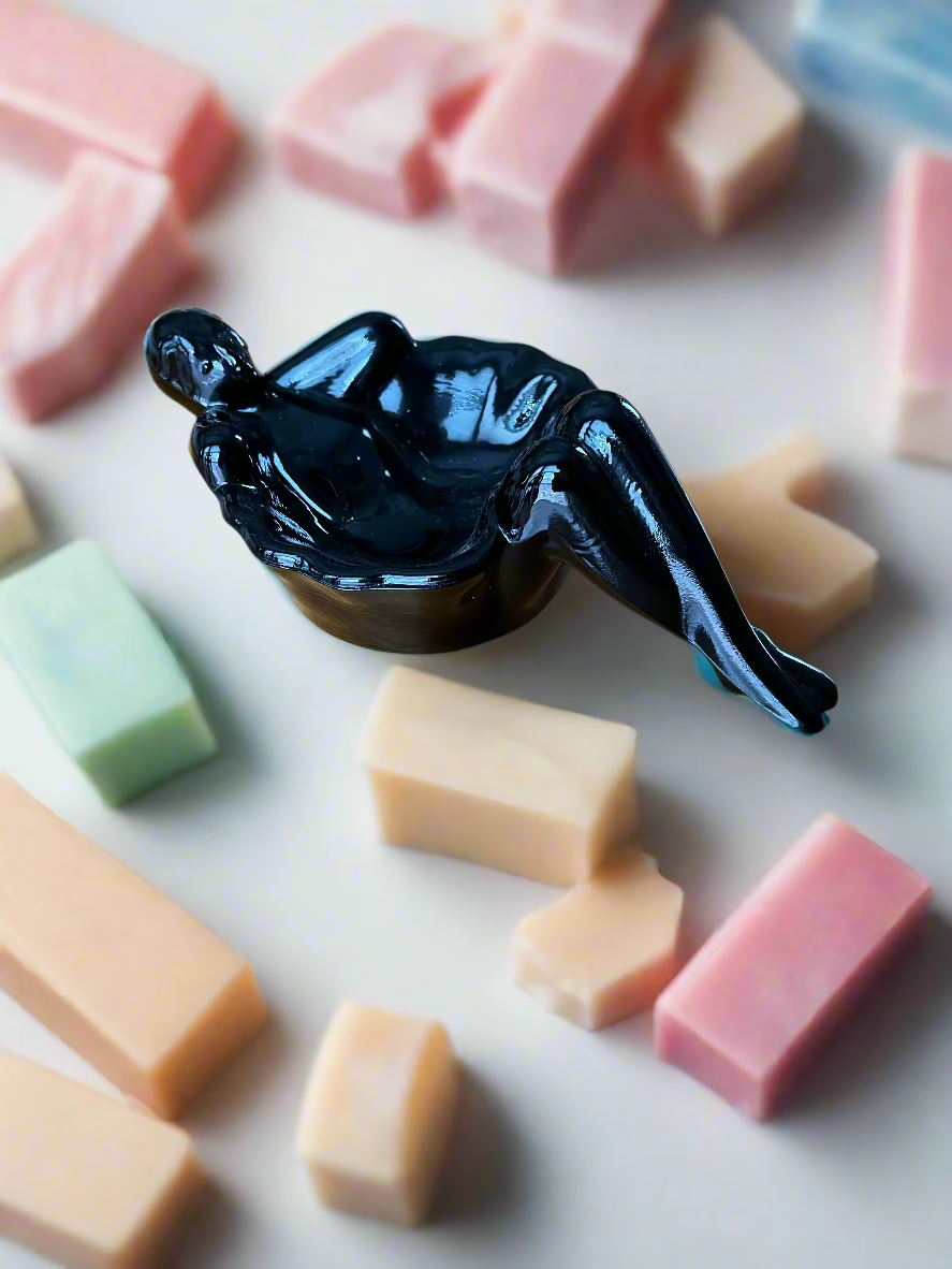 Black Glass Art Nouveau Style Bathing Beauty Soap Trinket Dish