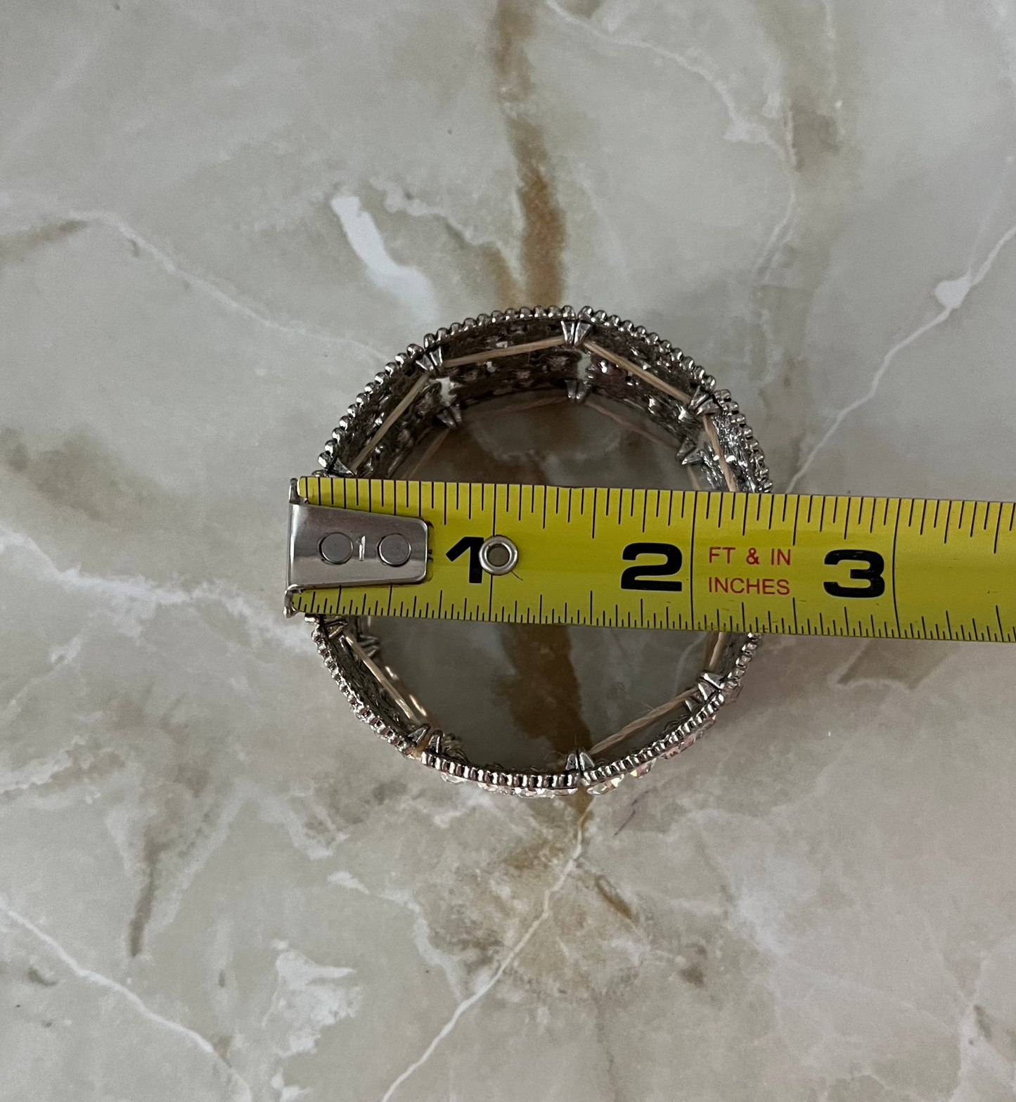 Wide Clear Crystal & Silvertone Stretch Bracelet