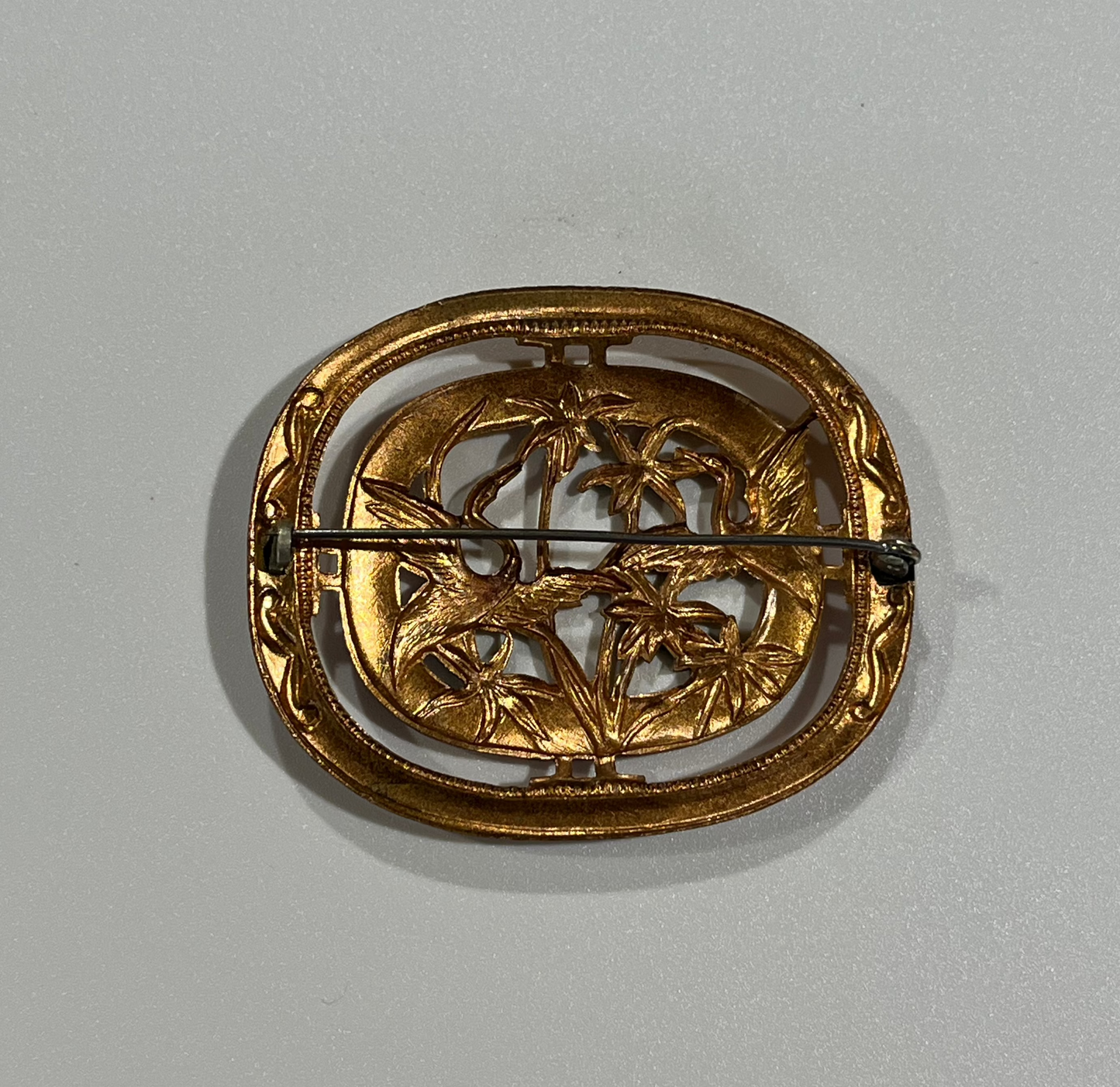 Copper and Enamel Brooch Pin Herons and Palm Trees