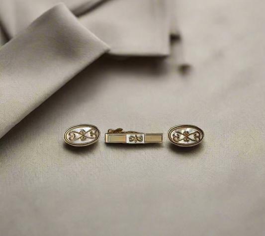 Swank Goldtone and Faux Mother of Pearl Oval Cufflinks and Tie Clip