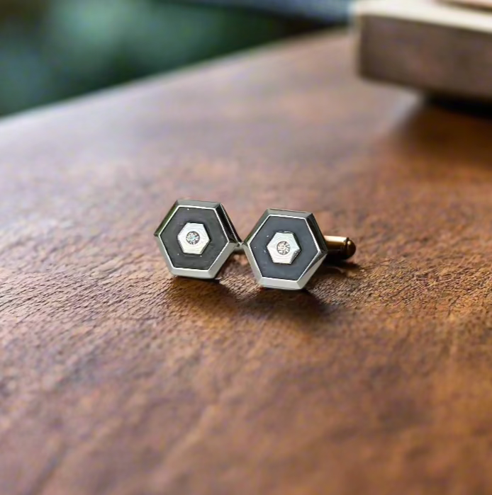 Swank Chrome Black and Rhinestone Cufflinks