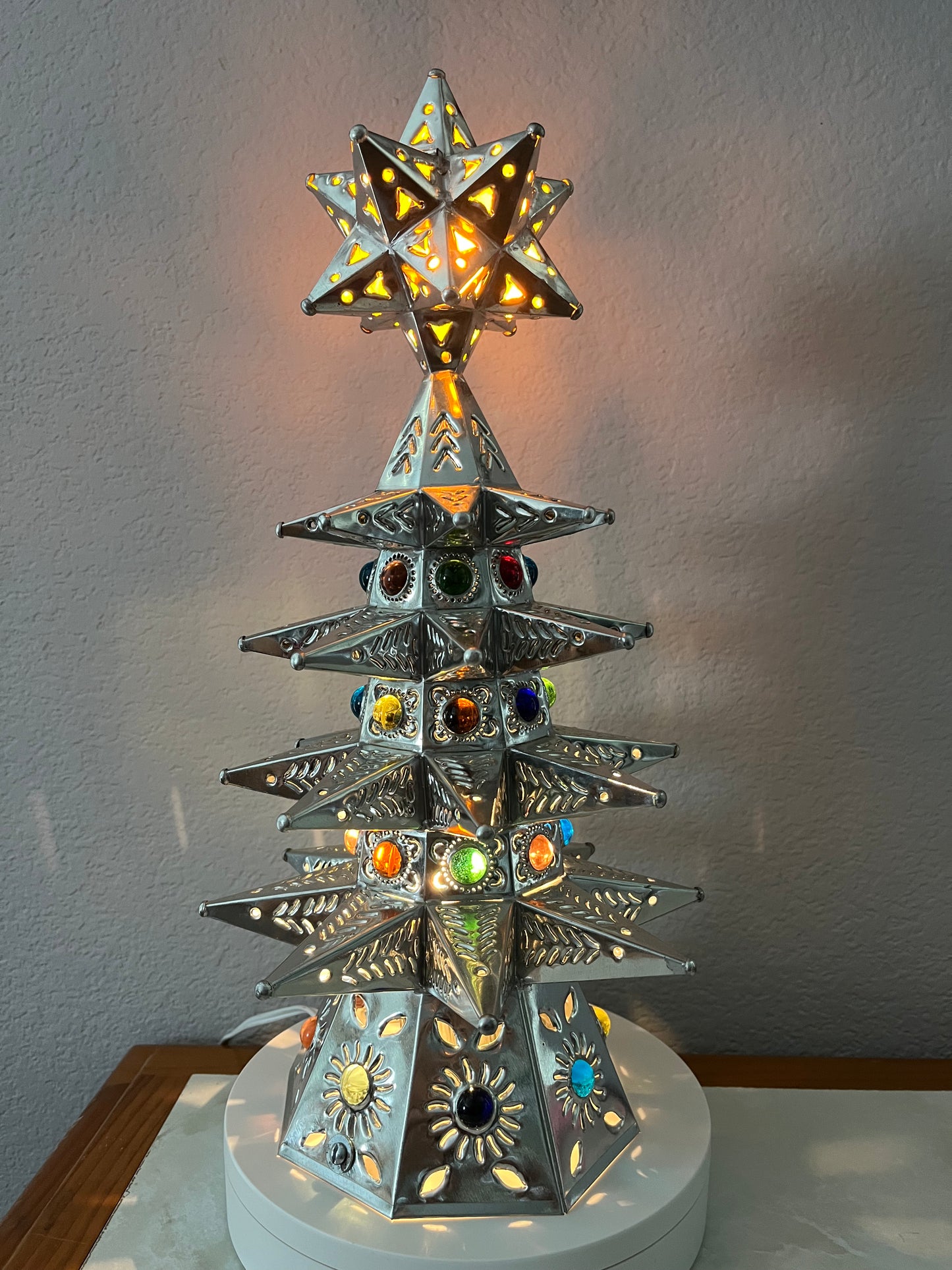 Pre-Lit Punched Metal Tabletop Christmas Tree 16"