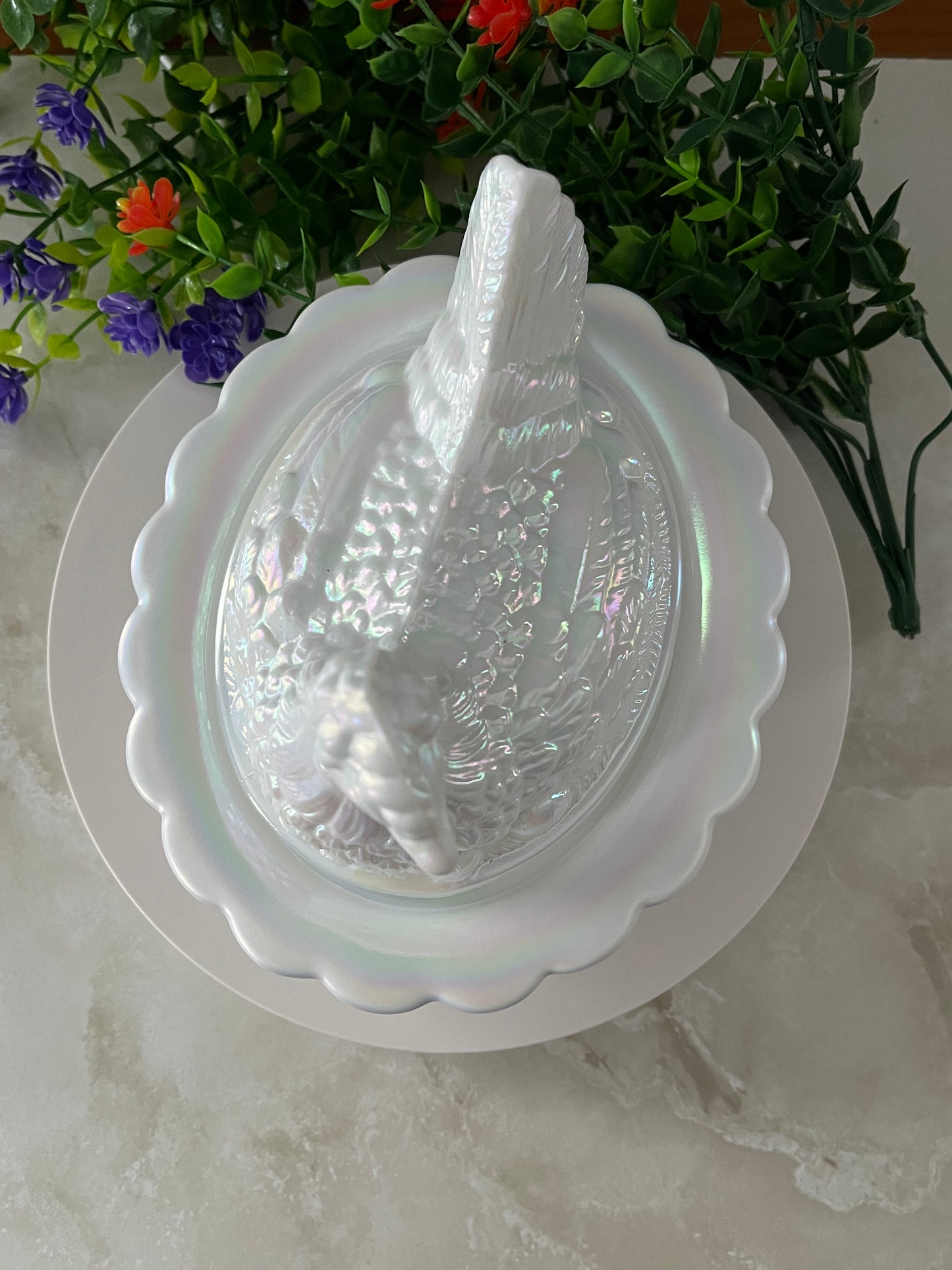 Hen on Nest Covered Dish 6" Milk White Carnival Glass