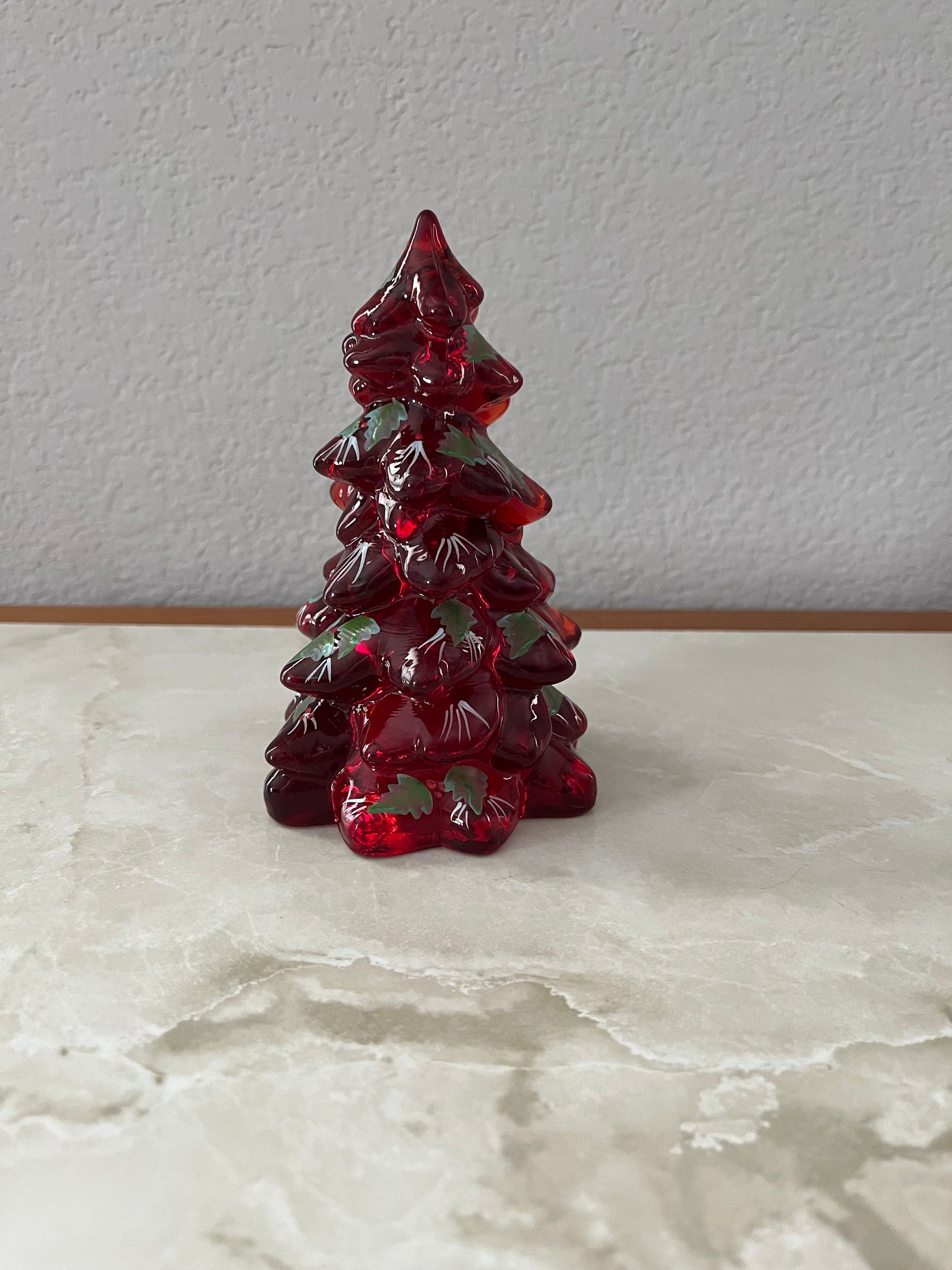 Ruby Red Glass Pine Tree with Hand Painted Holly 5.5"