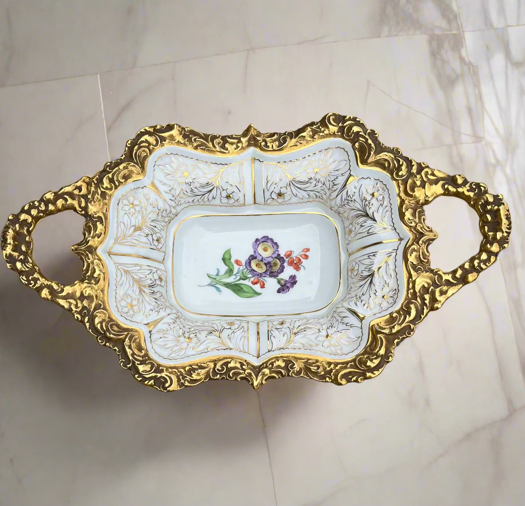 Meissen Floral Gold Leaf Two Handled Bowl