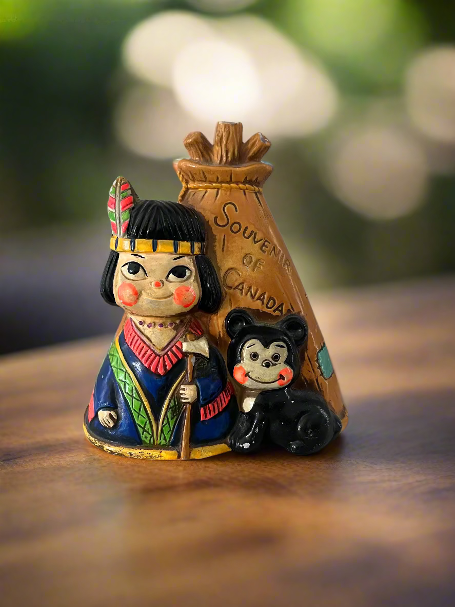Teepee Coin Bank Girl and Bear Souvenir of Canada
