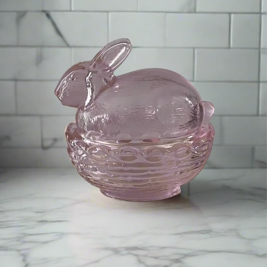 Pink Glass Bunny Rabbit On a Basket 2 Part Box