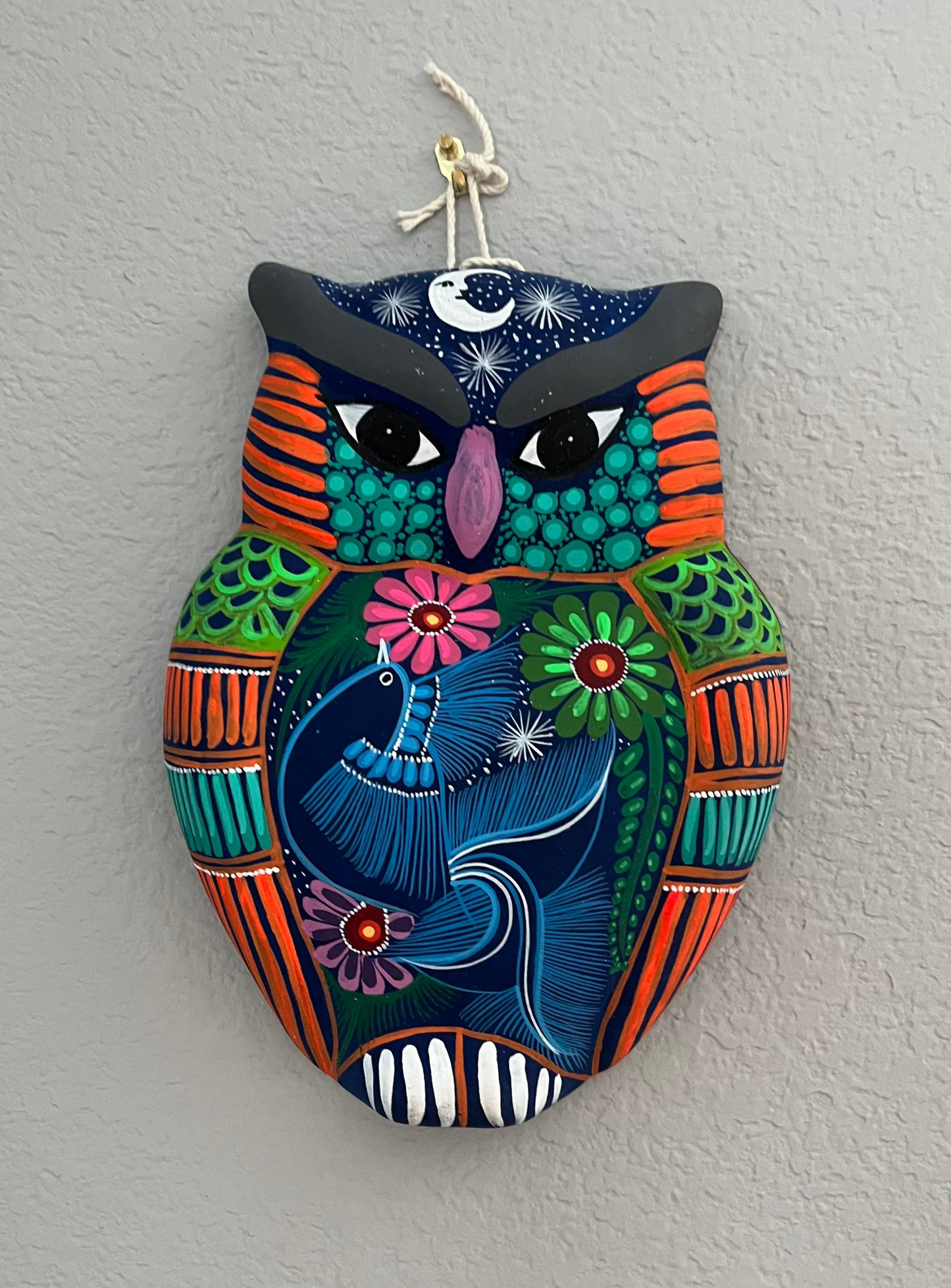 Hand Painted Clay Owl Wall Hanging 9"