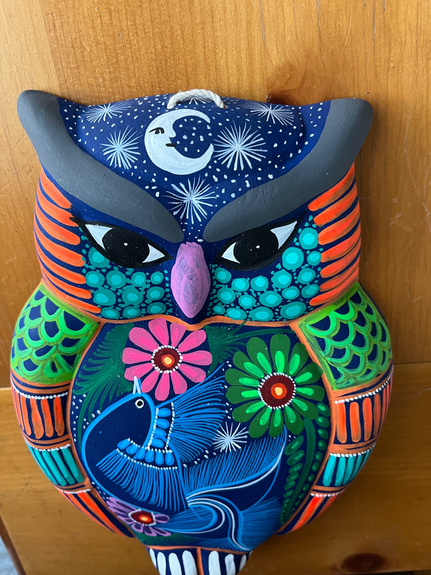 Hand Painted Clay Owl Wall Hanging 9"