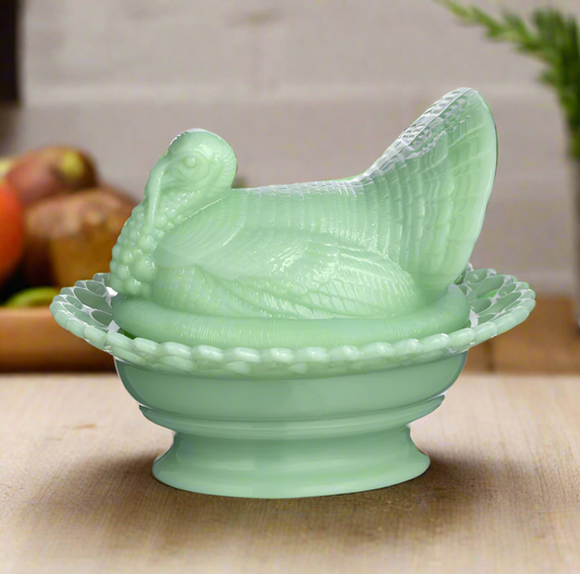 Large Jadeite Green Glass Turkey on Basket Covered Dish