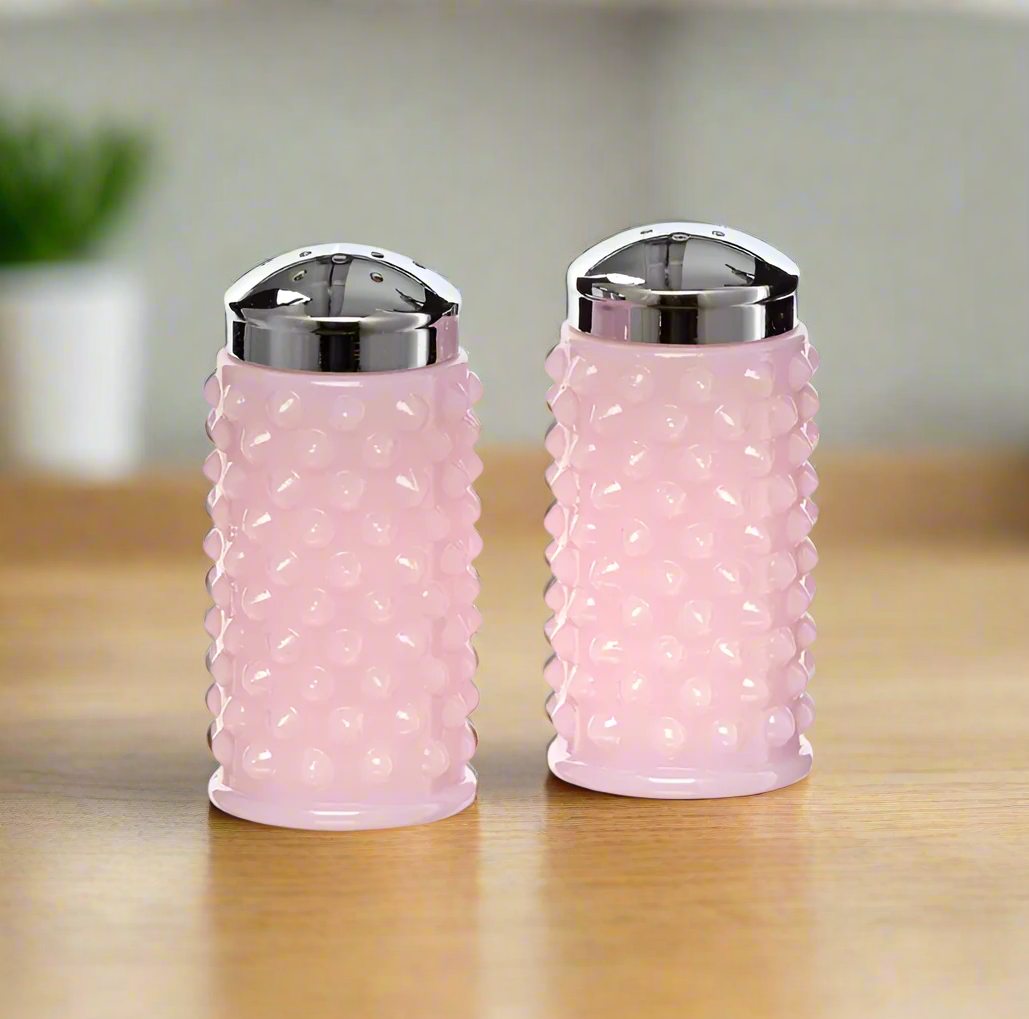 Hobnail Glass Salt & Pepper Shakers Pink Crown Tuscan Gigi