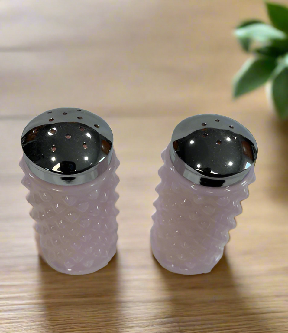 Hobnail Glass Salt & Pepper Shakers Pink Crown Tuscan Gigi