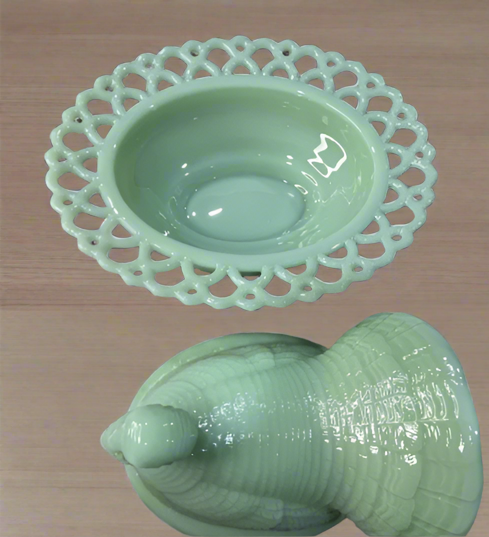 Large Jadeite Green Glass Turkey on Basket Covered Dish