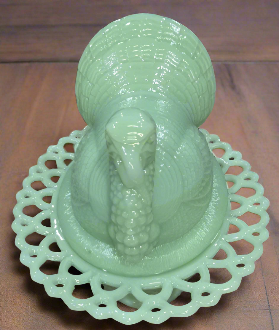 Large Jadeite Green Glass Turkey on Basket Covered Dish