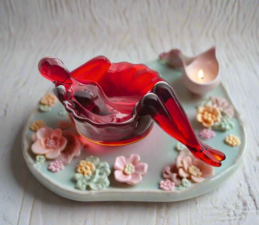 Ruby Red Glass Bathing Beauty Soap or Trinket Dish Art Nouveau Style
