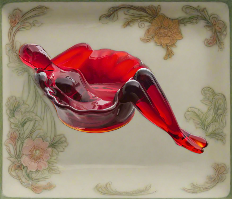 Ruby Red Glass Bathing Beauty Soap or Trinket Dish Art Nouveau Style
