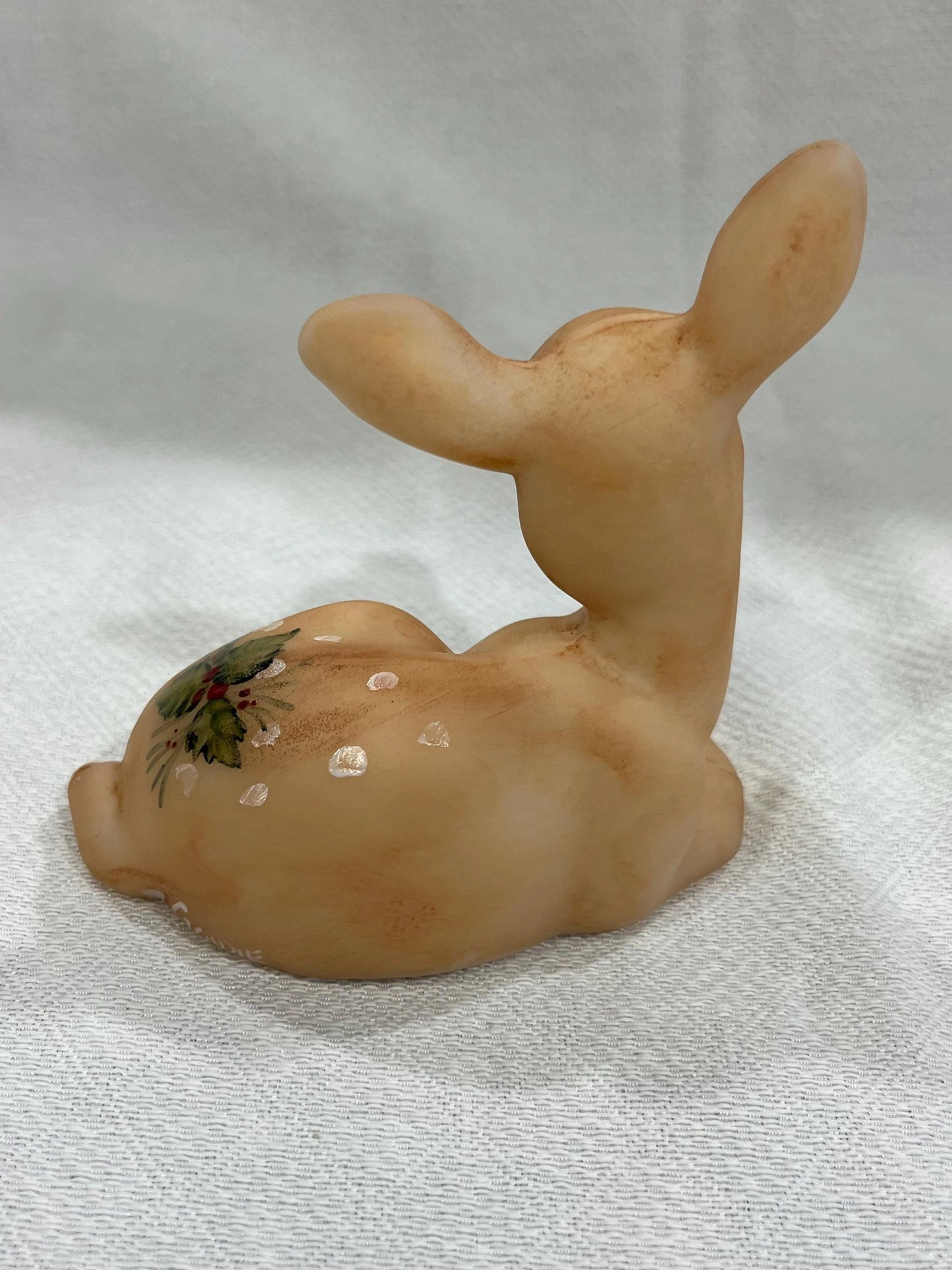 Glass Fawn Deer Lying Down Hand Painted Holly Leaves