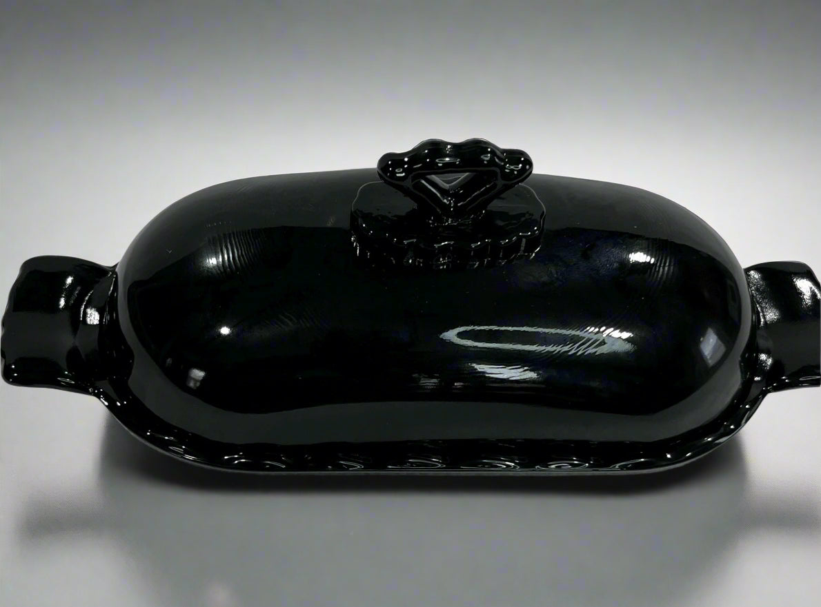 Black Glass Stick Butter Dish with Cover Anna Pattern