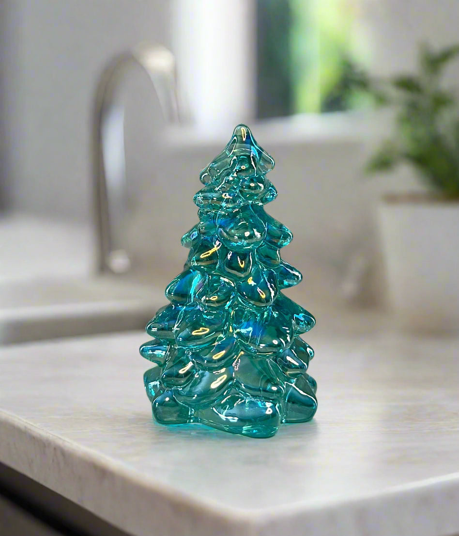 Mini Teal Carnival Glass Pine Tree Figurine 2.75"
