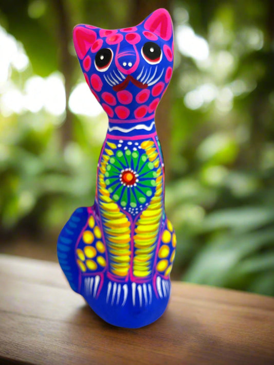 Handmade Painted Clay Sitting Cat Folk Art
