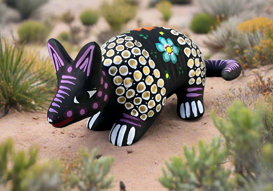 Baby Armadillo or Opossum Clay Figurine Statue Hand Painted Folk Art