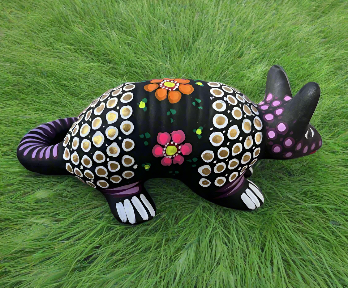 Baby Armadillo or Opossum Clay Figurine Statue Hand Painted Folk Art