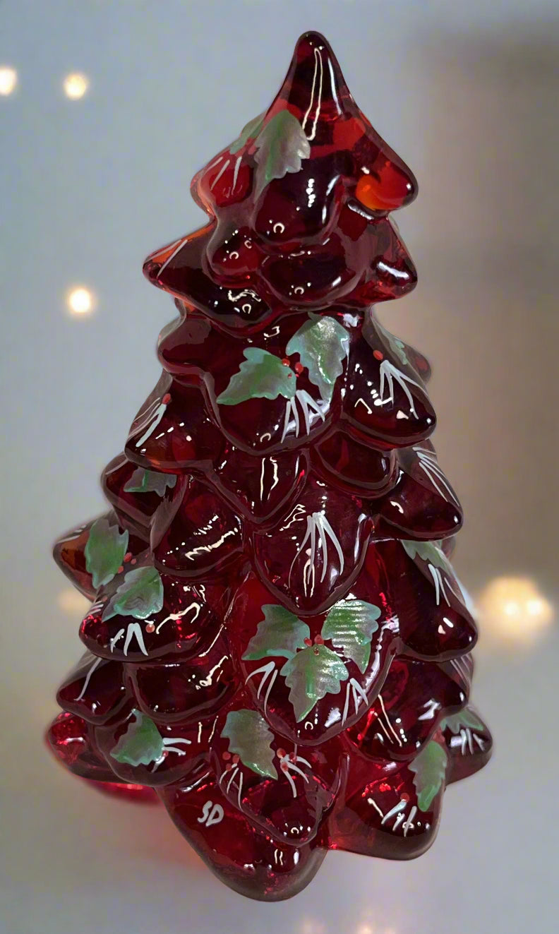 Ruby Red Glass Pine Tree with Hand Painted Holly 5.5"