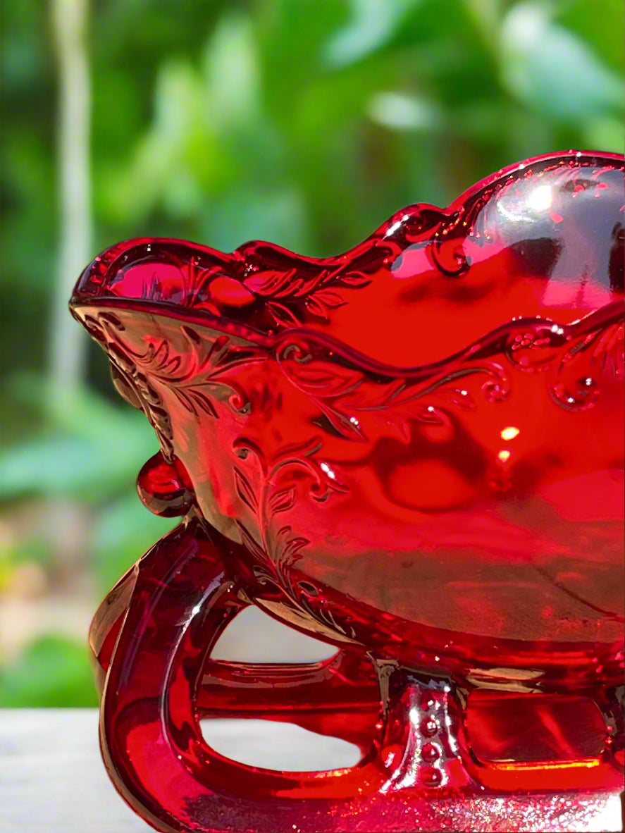 Large Ruby Red Glass Christmas Sleigh Centerpiece