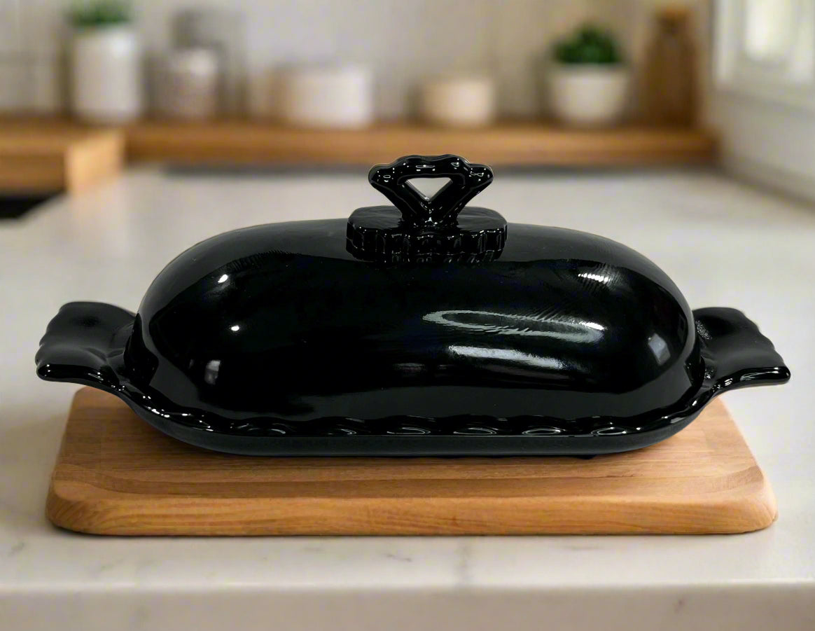 Black Glass Stick Butter Dish with Cover Anna Pattern