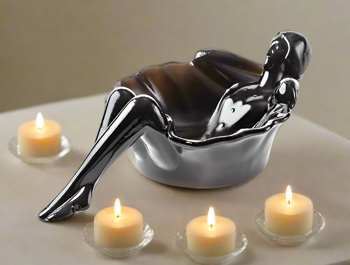 Black Glass Art Nouveau Style Bathing Beauty Soap Trinket Dish