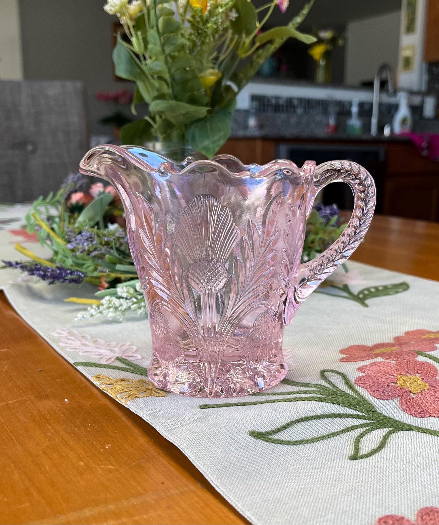 Rose Pink Glass Creamer Thistle Pattern