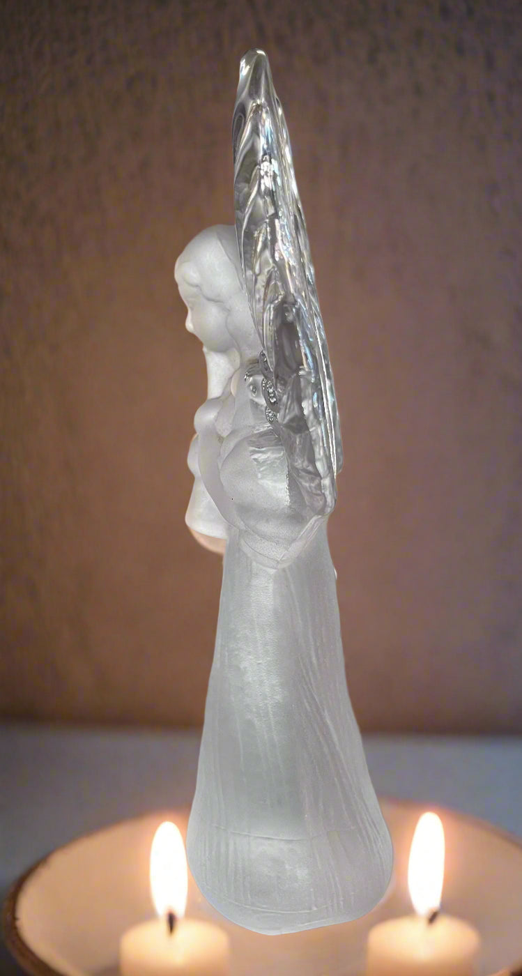 Large Frosted Crystal Angel Holding a Trumpet 8" Lefton Vtg