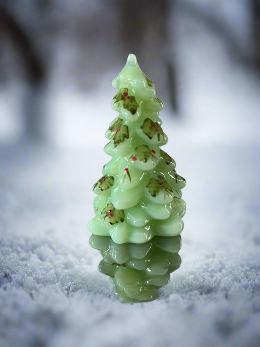 Jadeite Glass Mini Pine Tree with Holly Signed