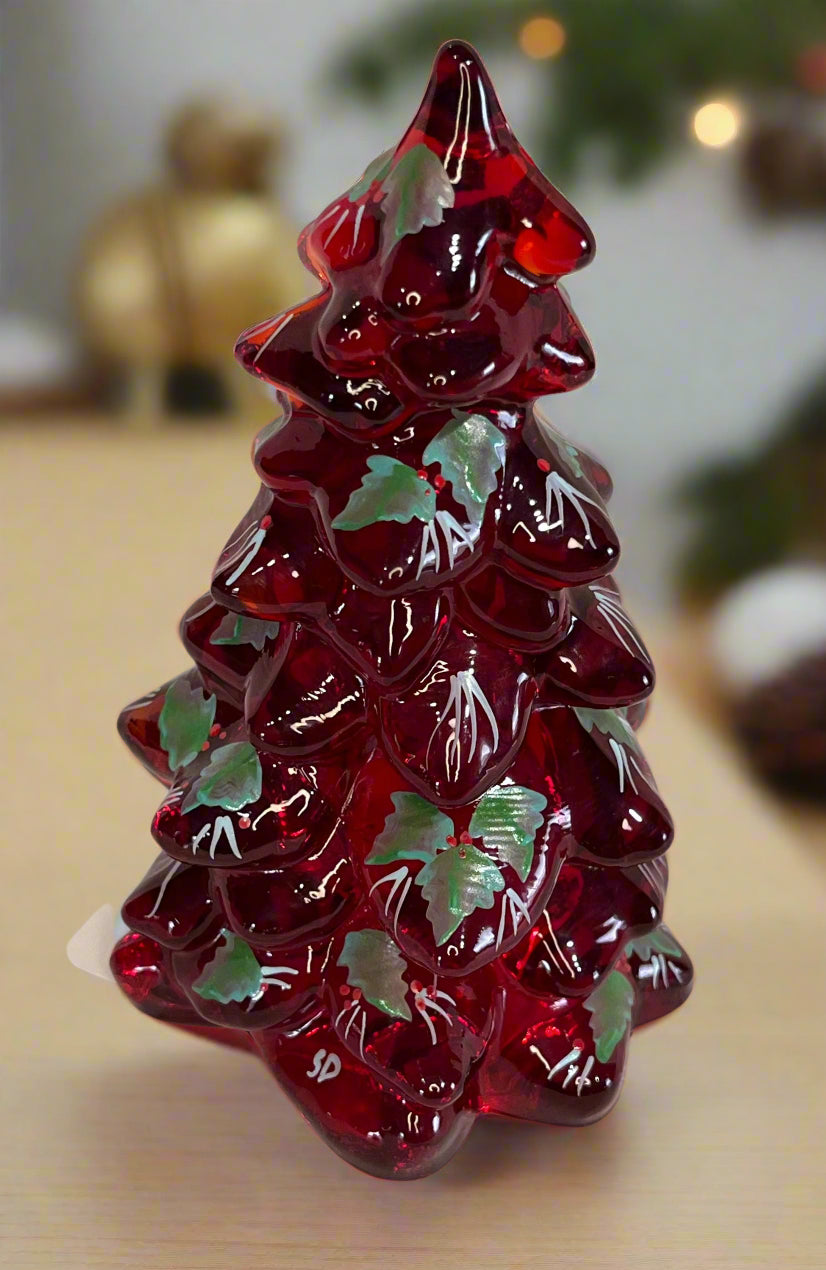 Ruby Red Glass Pine Tree with Hand Painted Holly 5.5"
