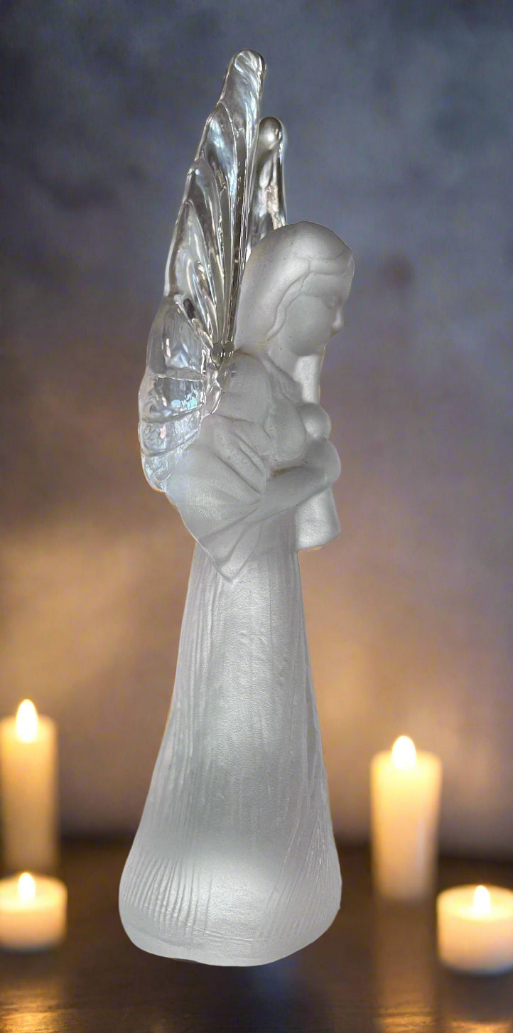 Large Frosted Crystal Angel Holding a Trumpet 8" Lefton Vtg