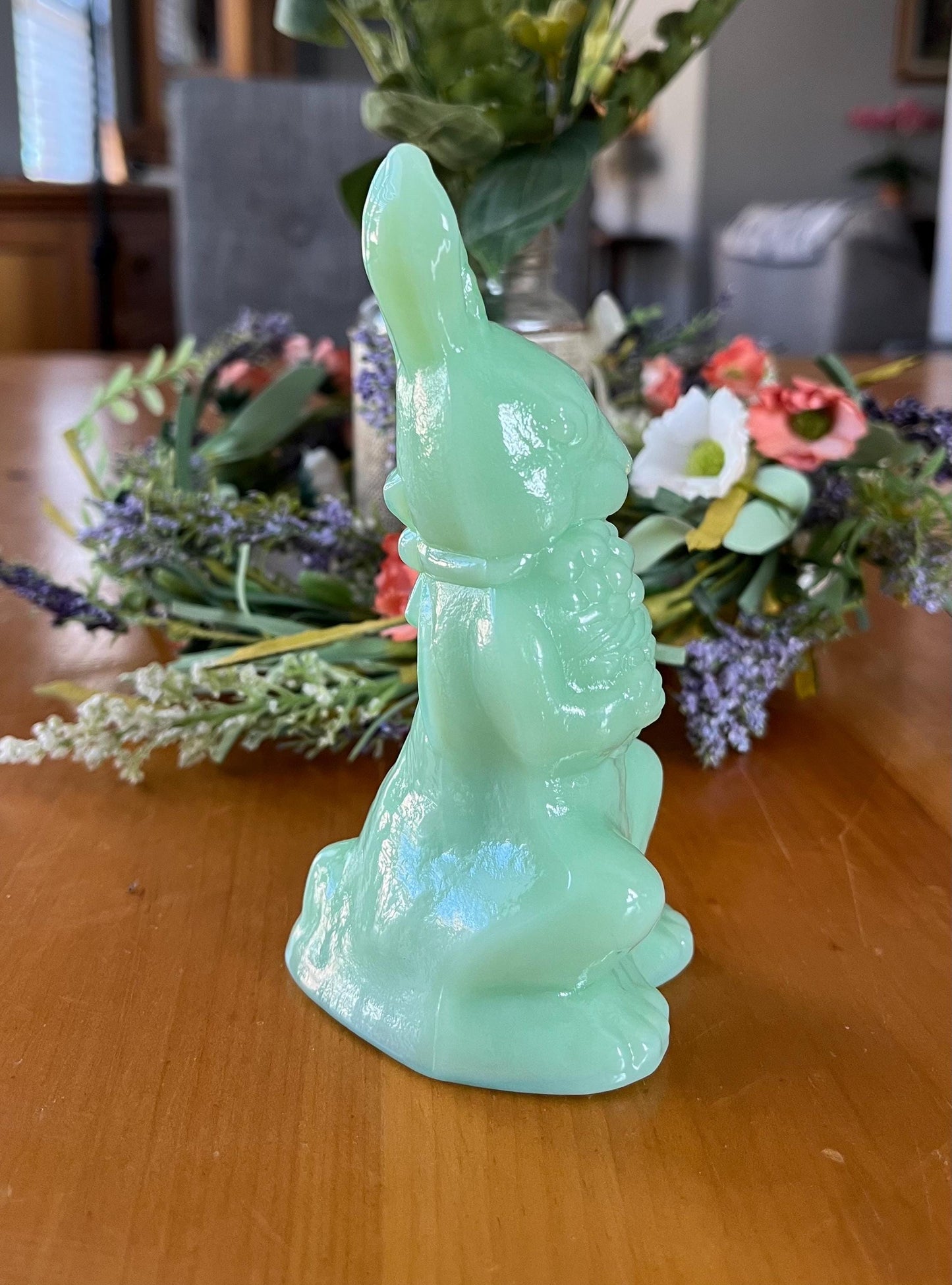 Jadeite Glass Standing Bunny Rabbit Holding a Basket