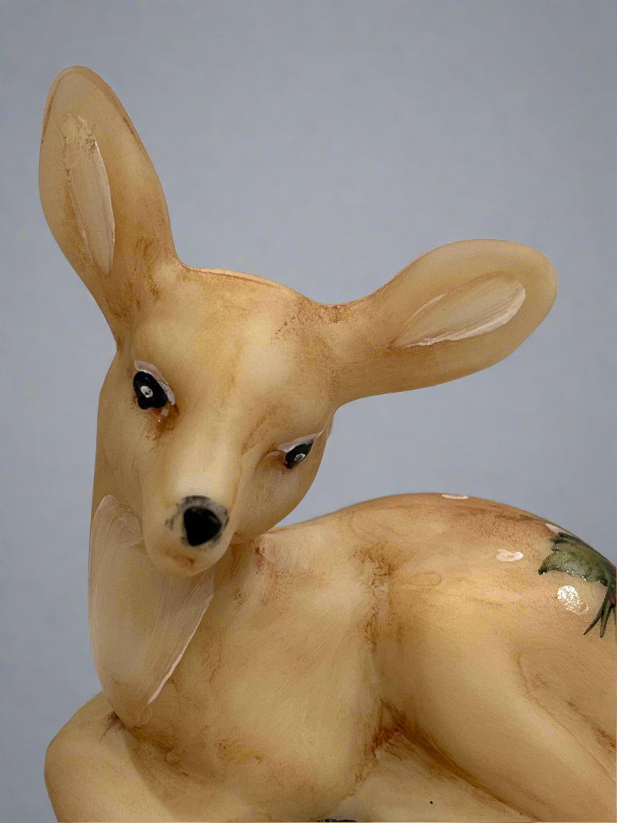 Glass Fawn Deer Lying Down Hand Painted Holly Leaves