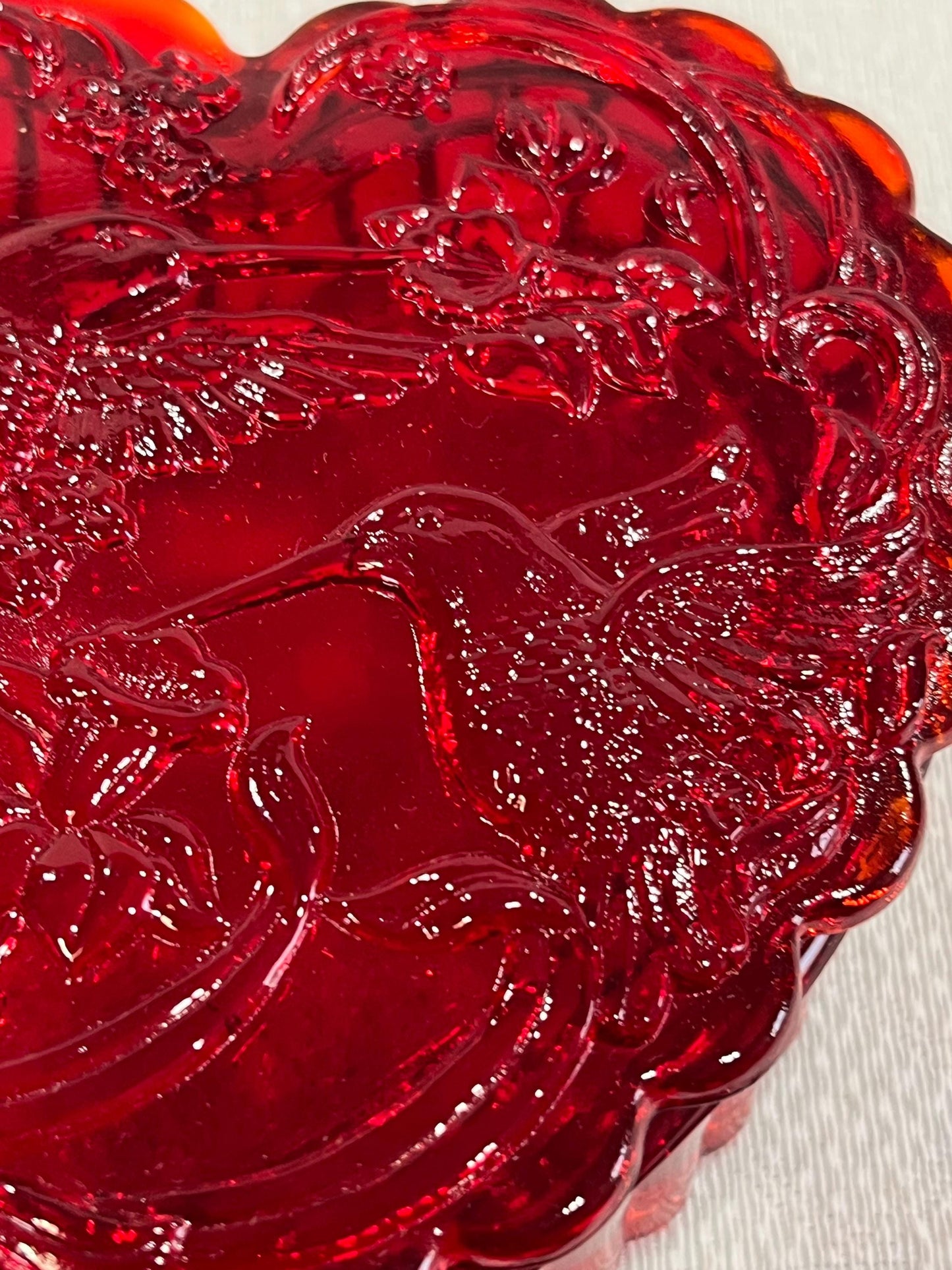 Large Ruby Red Glass Heart Box with Hummingbird and Flowers